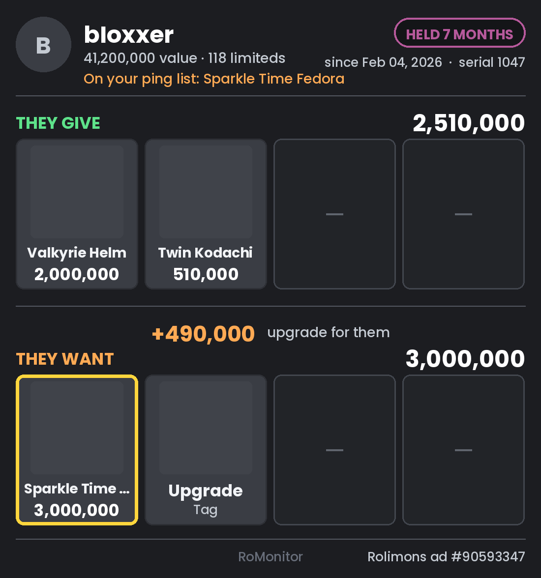 A RoUltimate trade ad alert card: the trader, what they give, what they want, and hold status.