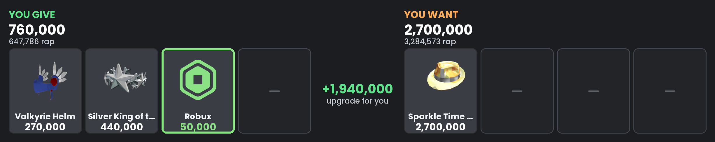 A trade calculation with both sides priced by value and RAP.
