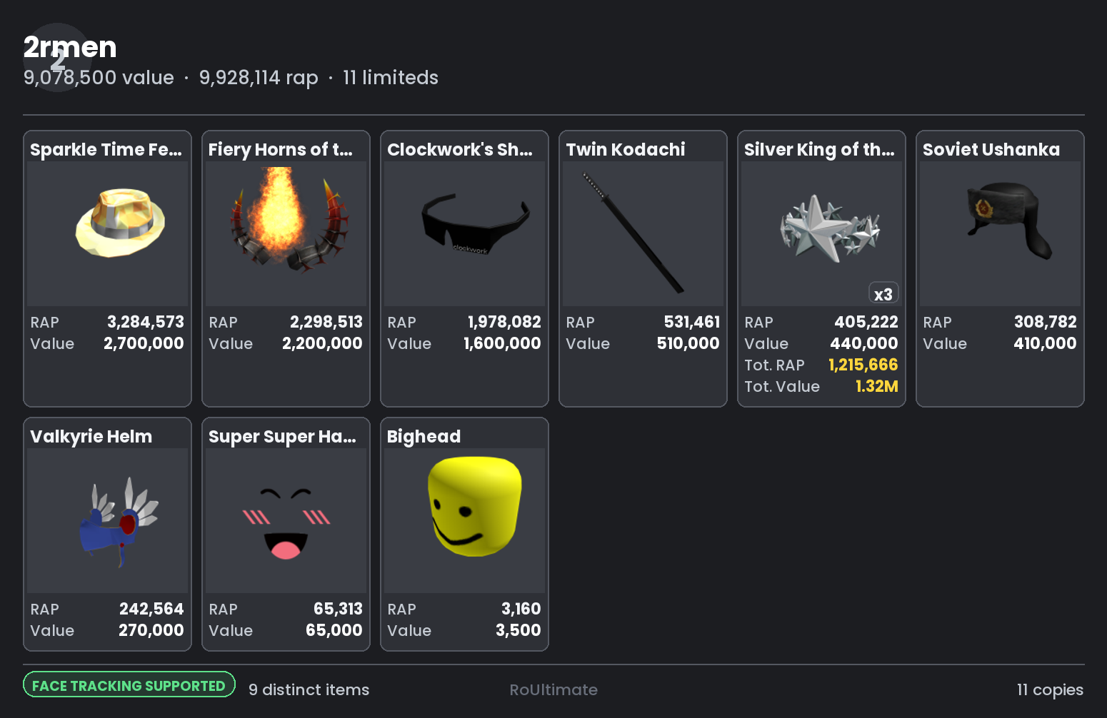 An inventory sheet: items dearest first with RAP and value on each.
